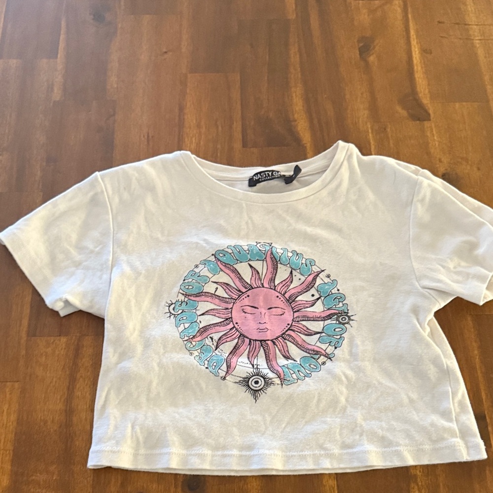 Nasty Gal White Crop Top with Sun Graphic